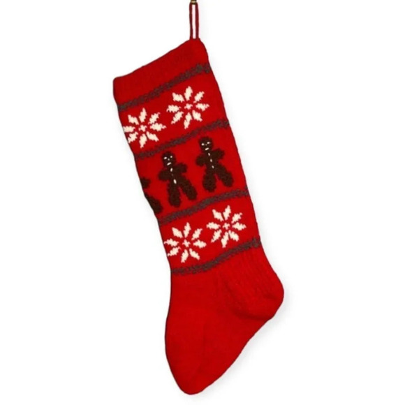 HANDKNIT Wool Christmas Stocking Red Gingerbread Men Snowflakes Large Capacity - Picture 1 of 5